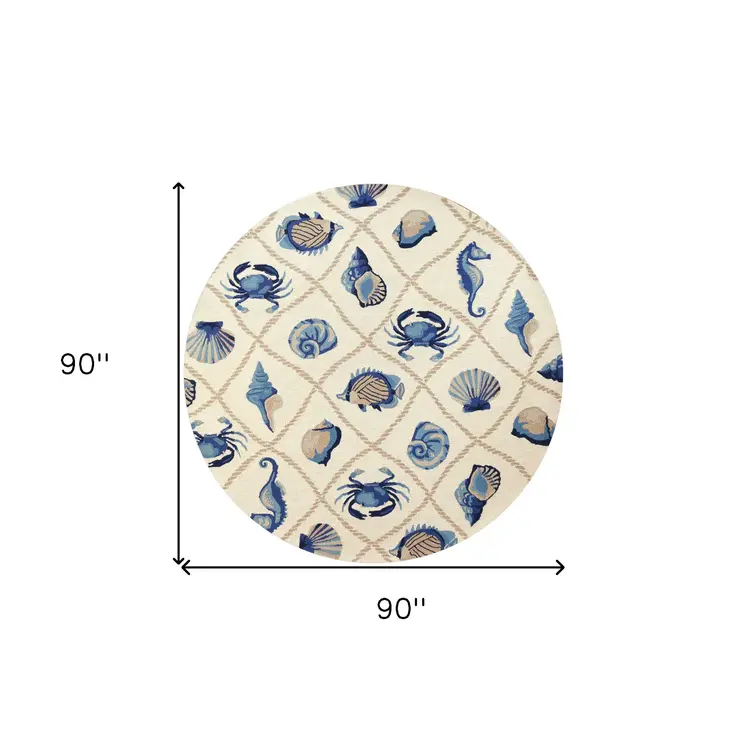 8' Beige Blue And Sand Round Seashell Handmade Indoor Outdoor Area Rug
