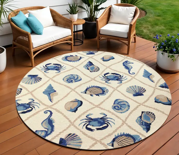 8' Beige Blue And Sand Round Seashell Handmade Indoor Outdoor Area Rug