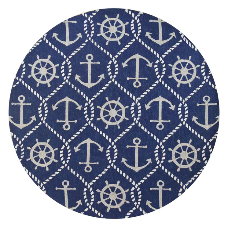 7' Navy Blue Round Nautical Handmade Indoor Outdoor Area Rug
