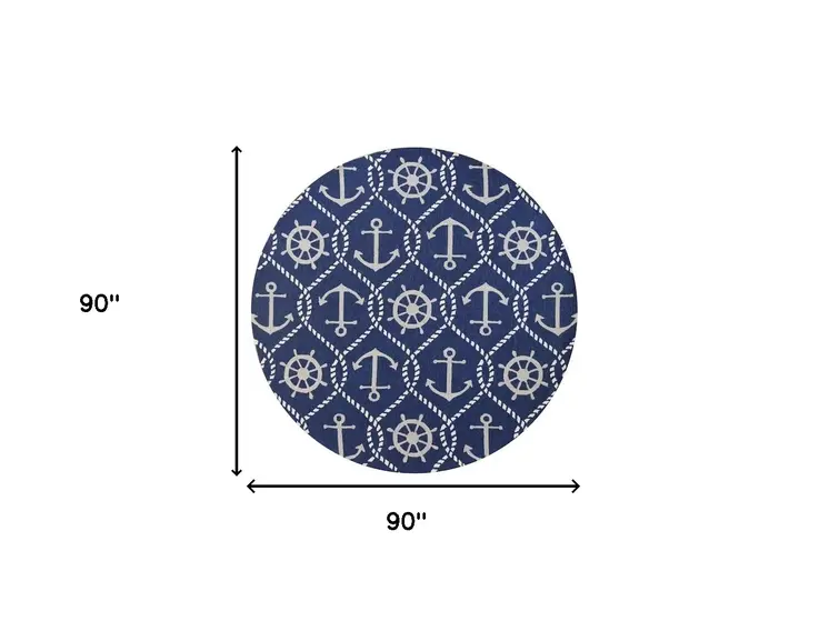 7' Navy Blue Round Nautical Handmade Indoor Outdoor Area Rug