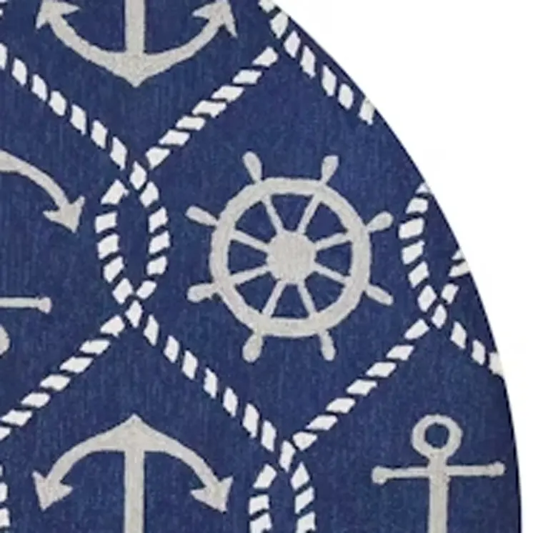7' Navy Blue Round Nautical Handmade Indoor Outdoor Area Rug