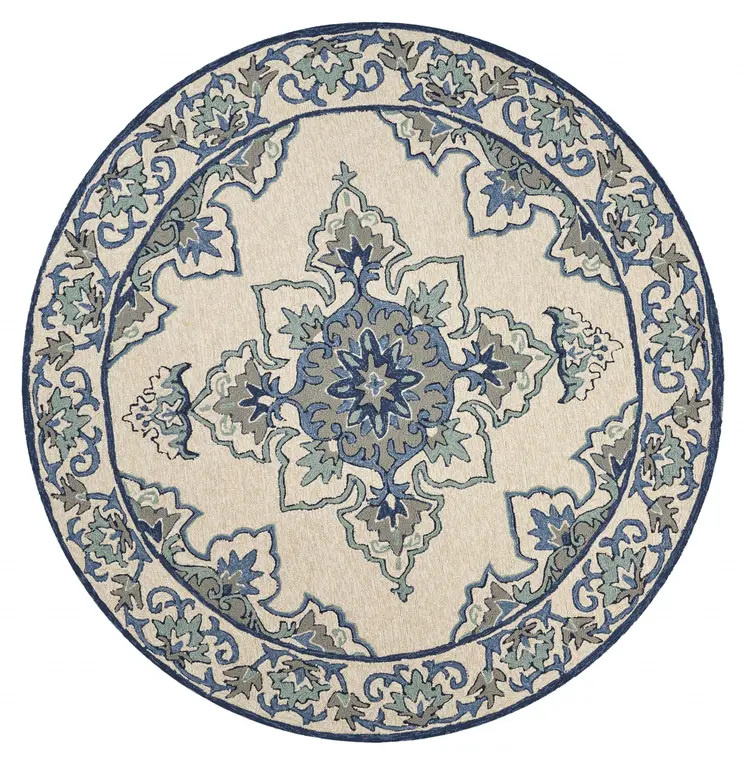 8' Round Gray and Ivory Round Damask Handmade Indoor Outdoor Area Rug