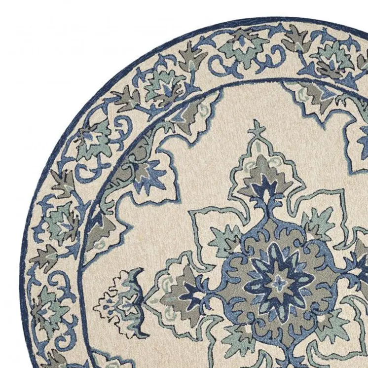 8' Round Gray and Ivory Round Damask Handmade Indoor Outdoor Area Rug