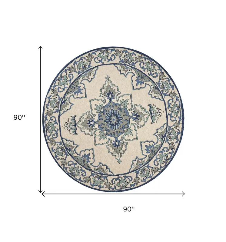 8' Round Gray and Ivory Round Damask Handmade Indoor Outdoor Area Rug