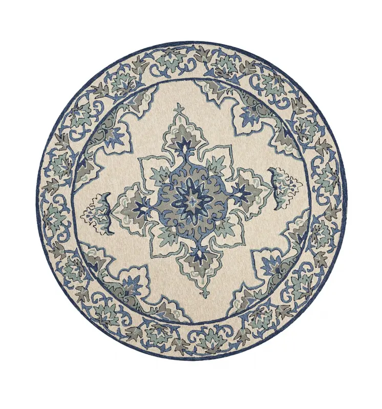 8' Round Gray and Ivory Round Damask Handmade Indoor Outdoor Area Rug
