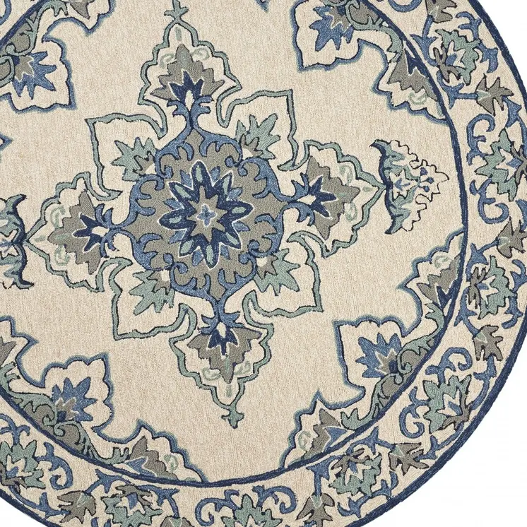 8' Round Gray and Ivory Round Damask Handmade Indoor Outdoor Area Rug
