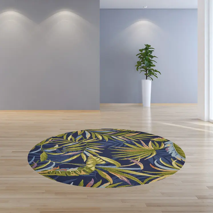 8' Blue Round Floral Indoor Outdoor Area Rug
