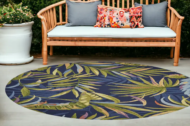 8' Blue Round Floral Indoor Outdoor Area Rug