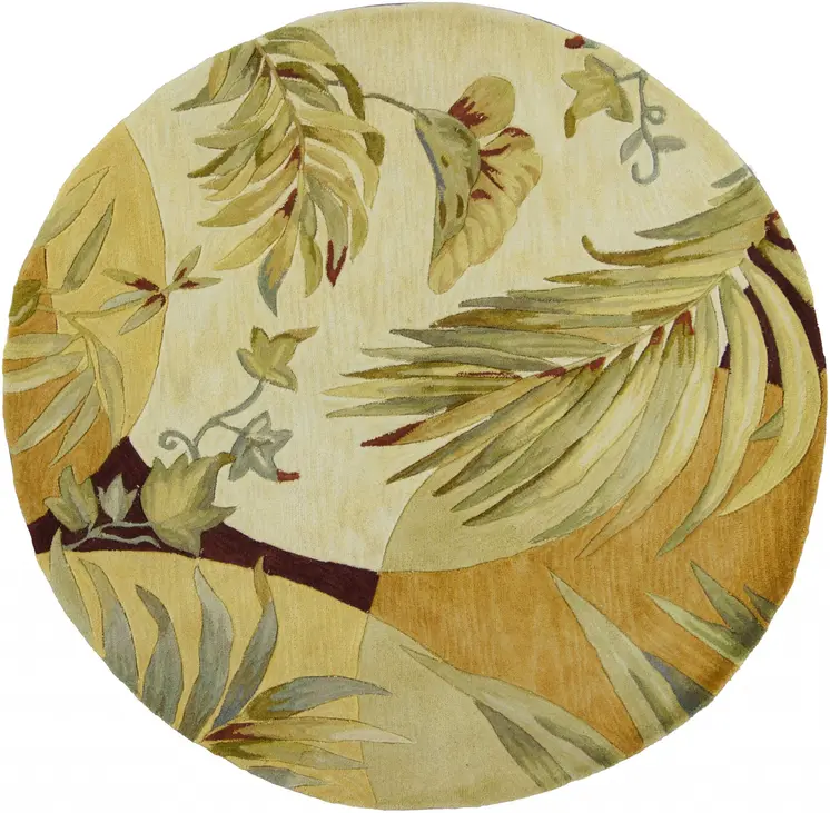 5' Green And Ivory Wool Tropical Botanical Hand Tufted Round Rug