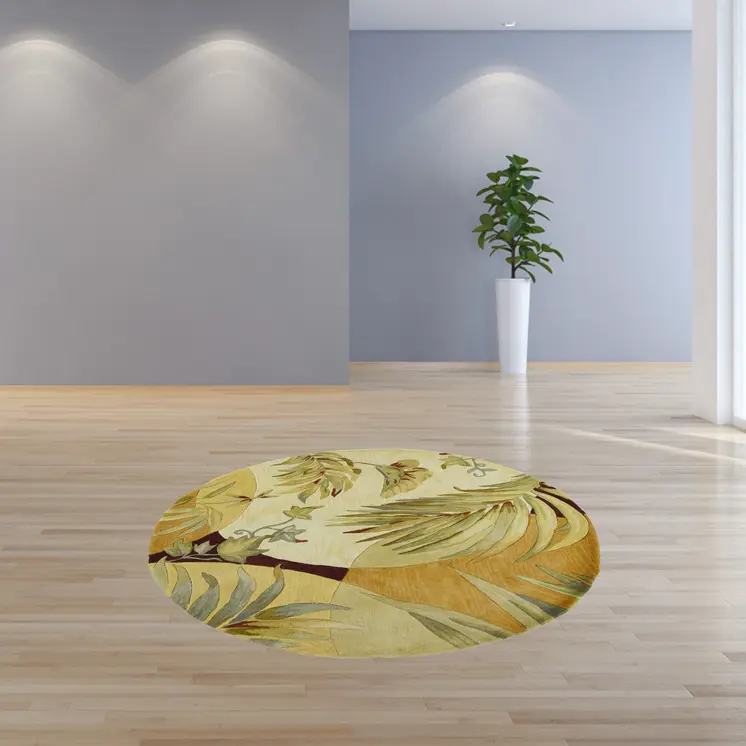 5' Green And Ivory Wool Tropical Botanical Hand Tufted Round Rug