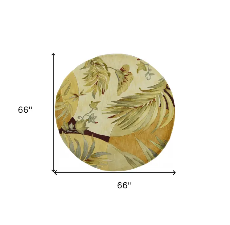 5' Green And Ivory Wool Tropical Botanical Hand Tufted Round Rug