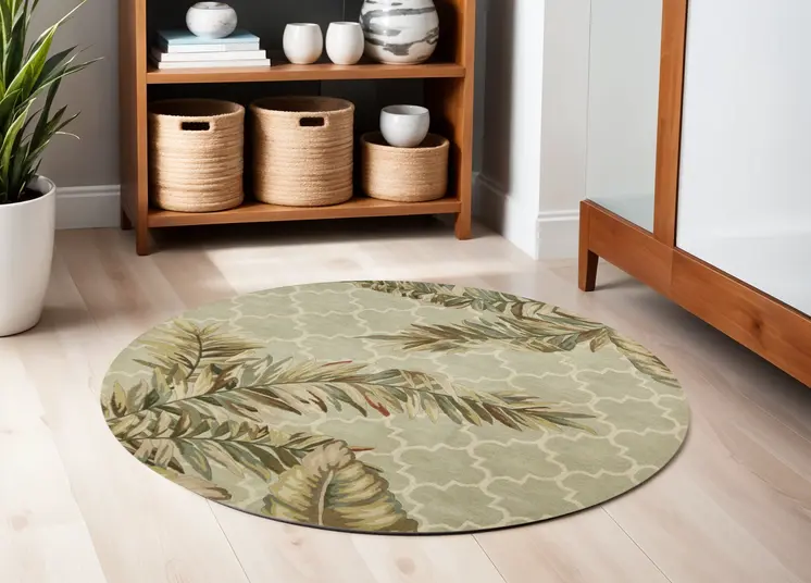 6' Sage Round Wool Tropical Botanical Hand Tufted Area Rug