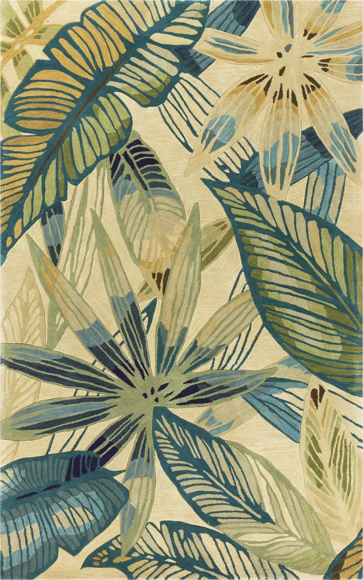 5' Ivory And Blue Wool Tropical Floral Hand Tufted Round Rug