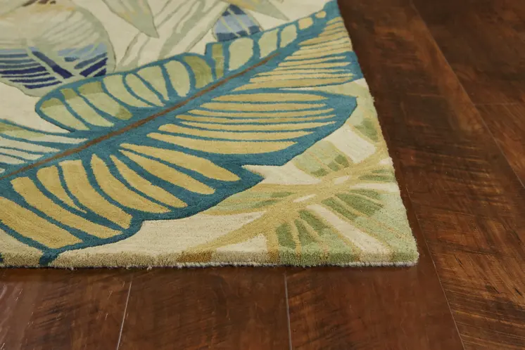 5' Ivory And Blue Wool Tropical Floral Hand Tufted Round Rug