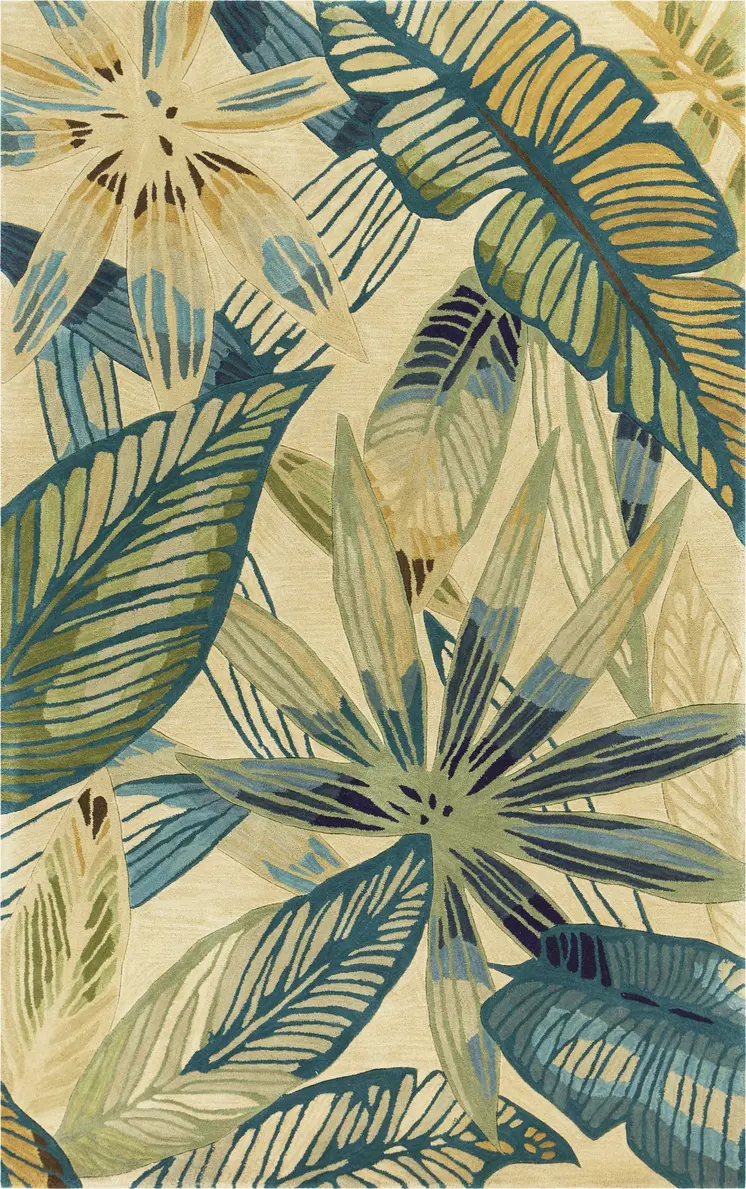 5' Ivory And Blue Wool Tropical Floral Hand Tufted Round Rug
