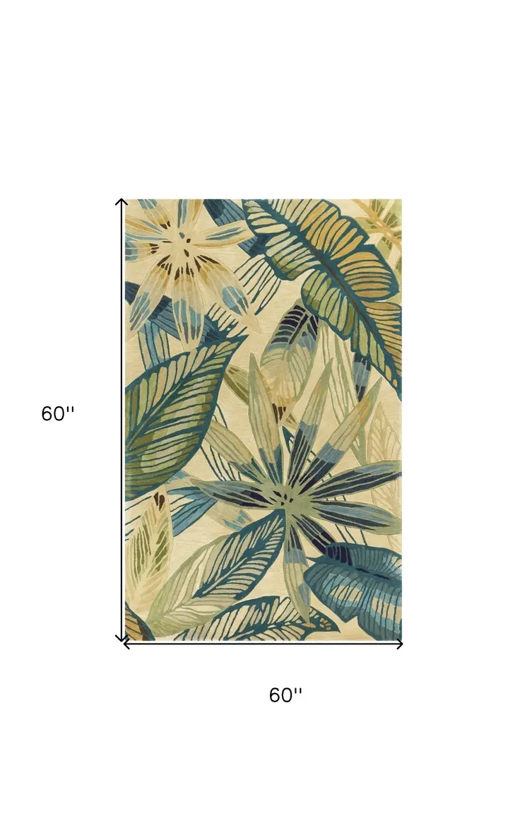 5' Ivory And Blue Wool Tropical Floral Hand Tufted Round Rug
