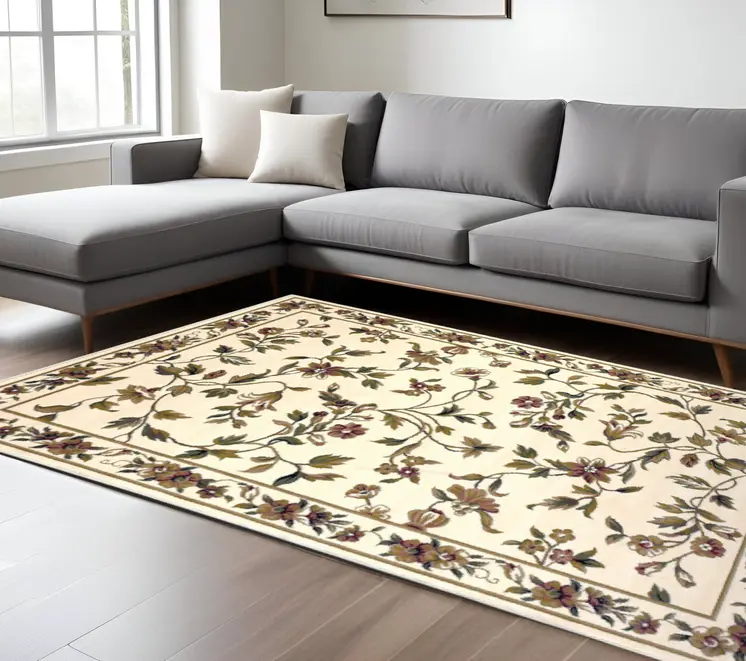 8' X 11' Ivory Green And Red Floral Vines Area Rug