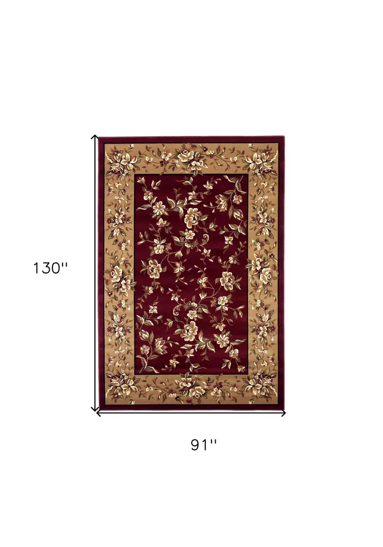 8' X 11' Red Beige Machine Woven Floral Traditional Indoor Area Rug