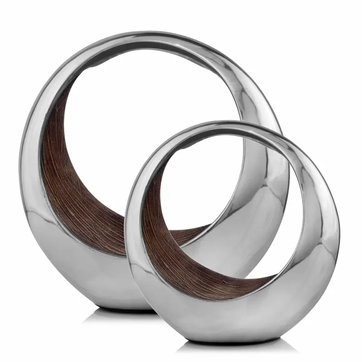 16" Silver and Brown Buffed Aluminum Tabletop Sculpture