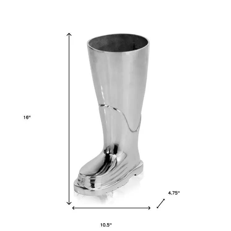 16" Silver Buffed Aluminum Firefighter Boot Umbrella Stand Sculpture