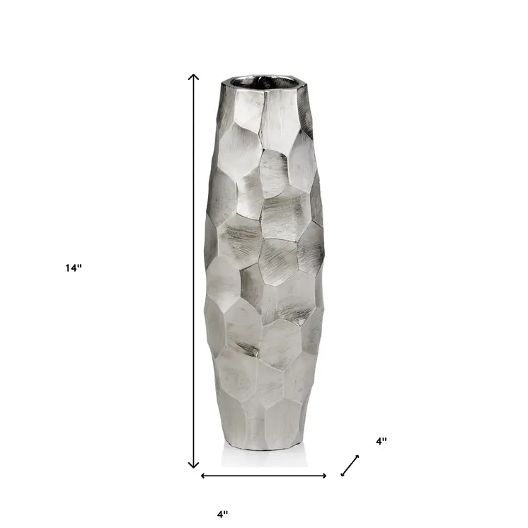14" Aluminum Silver Faceted Geometric Cylinder Table Vase