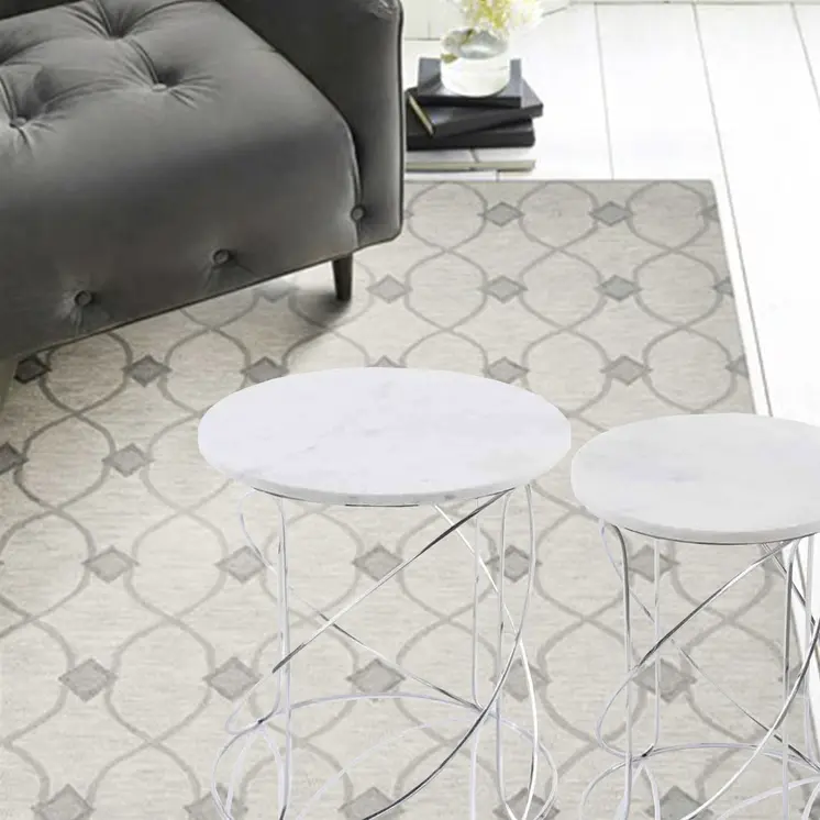 Set of Two White and Silver Marble and Metal Round Pedestal End Tables