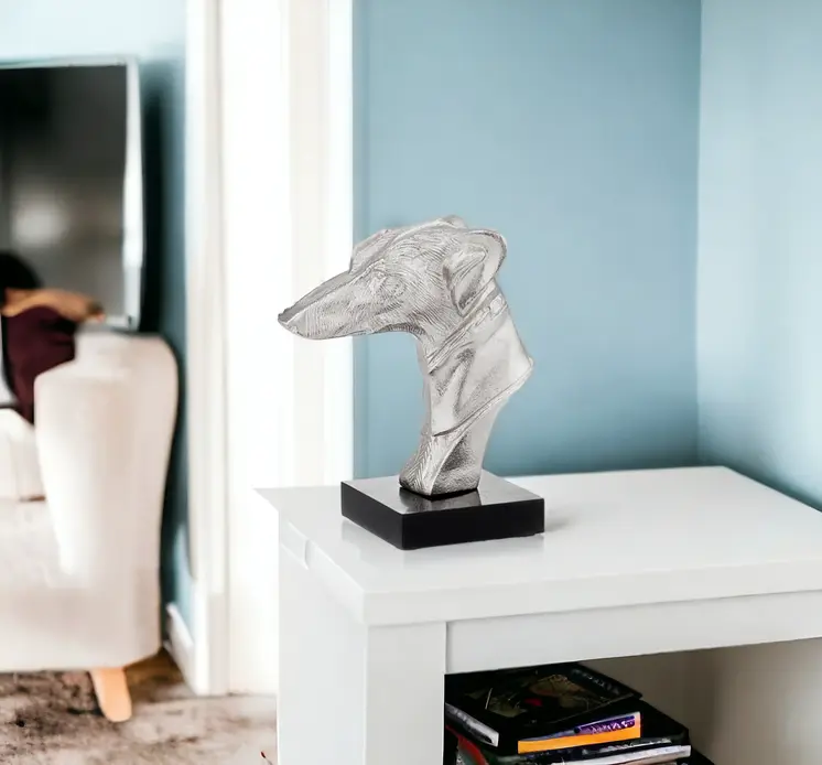 4" X 7.5" X 8.5" Silver And Black Bust On Bone Base Hound