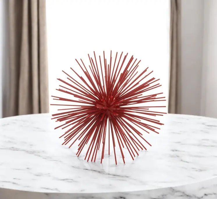 8" Red Spiked Iron Decorative Orb Tabletop Sculpture