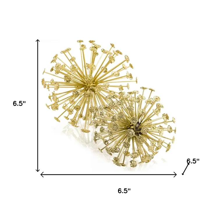 Set of Two Gold Cast Iron Decorative Spiky Sphere Tabletop Sculptures