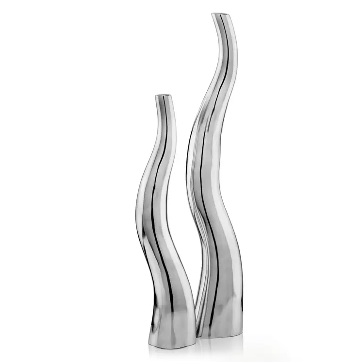 Set of Two Silver Aluminum Squiggly Vases