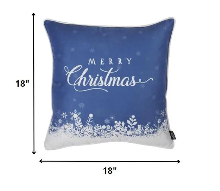 18" Blue And White Merry Christmas Snowflakes Throw Pillow Cover