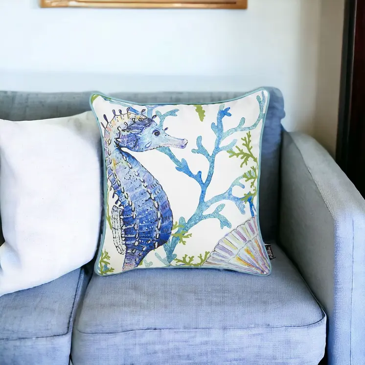 18" Blue And White Fabric Throw Pillow Cover