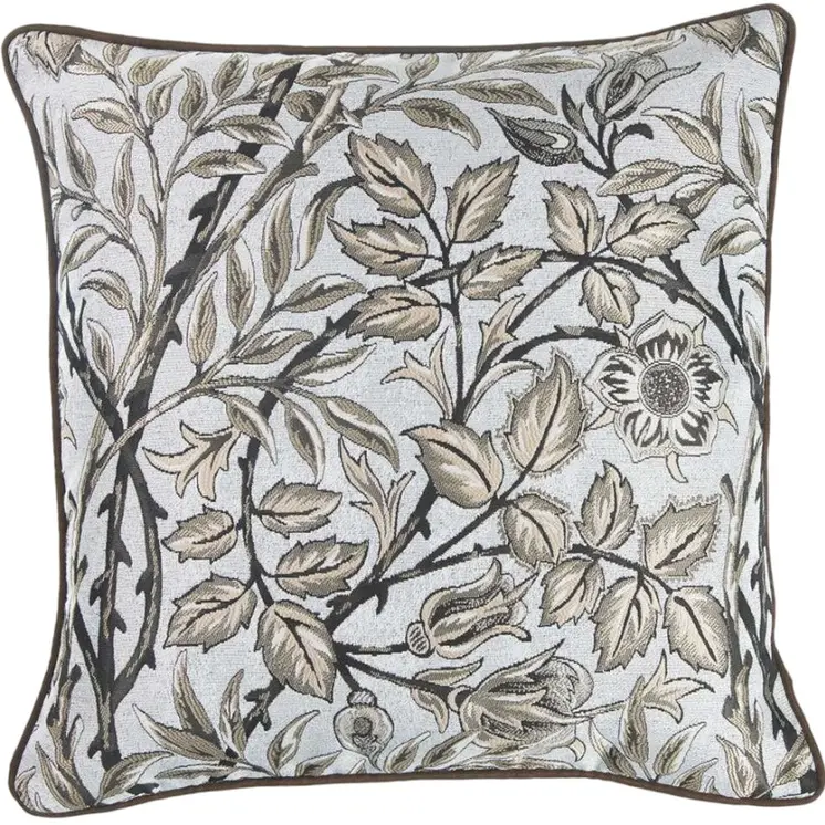 17" Blue Beige and Black Floral Throw Pillow Cover