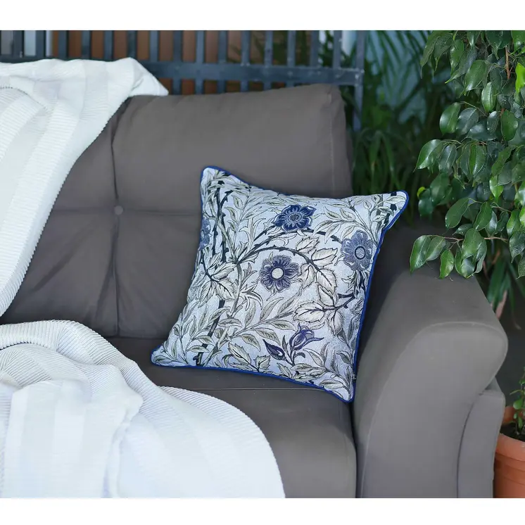 17" Beige And Blue Floral Fabric Throw Pillow Cover