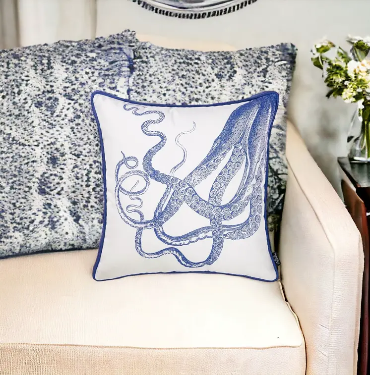 18" Blue And White Fabric Throw Pillow Cover