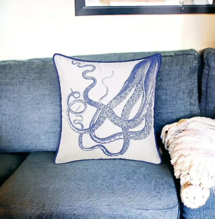 18" Blue And White Fabric Throw Pillow Cover