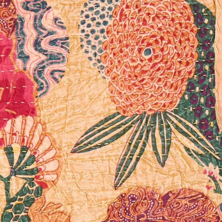 50" X 70" Orange and Red Kantha Cotton Floral Throw Blanket with Embroidery