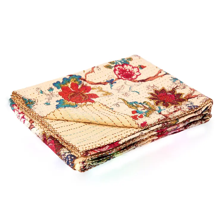 50" X 70" Yellow and Red Kantha Cotton Floral Throw Blanket with Embroidery