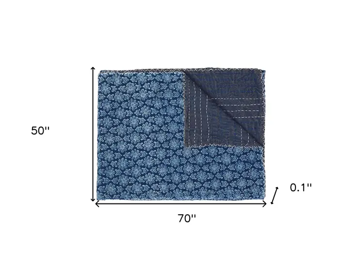 50" X 70" Blue Kantha Cotton Floral Throw Blanket with Embroidery