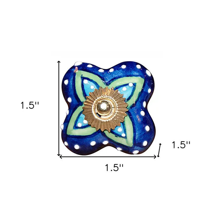 Set of Eight Blue And Green Floral Ceramic Drawer Pull Knobs