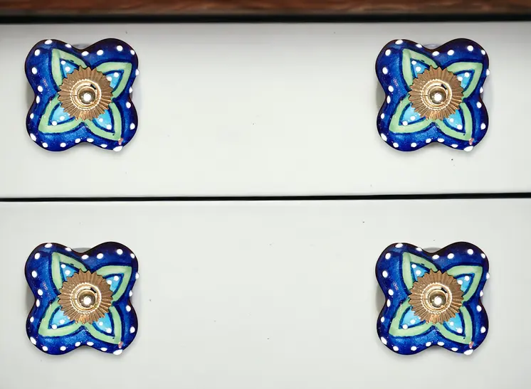 Set of Eight Blue And Green Floral Ceramic Drawer Pull Knobs