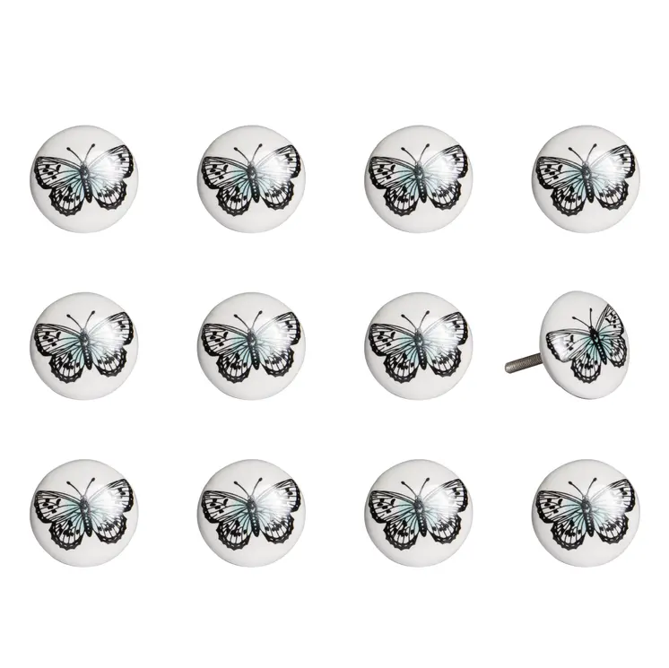 Set of Twelve Black And White Botanical Ceramic Drawer Pull Knobs