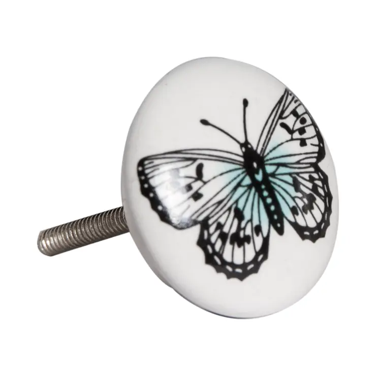 Set of Twelve Black And White Botanical Ceramic Drawer Pull Knobs