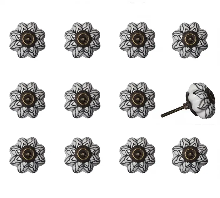 Set of Twelve Black And White Floral Ceramic Drawer Pull Knobs