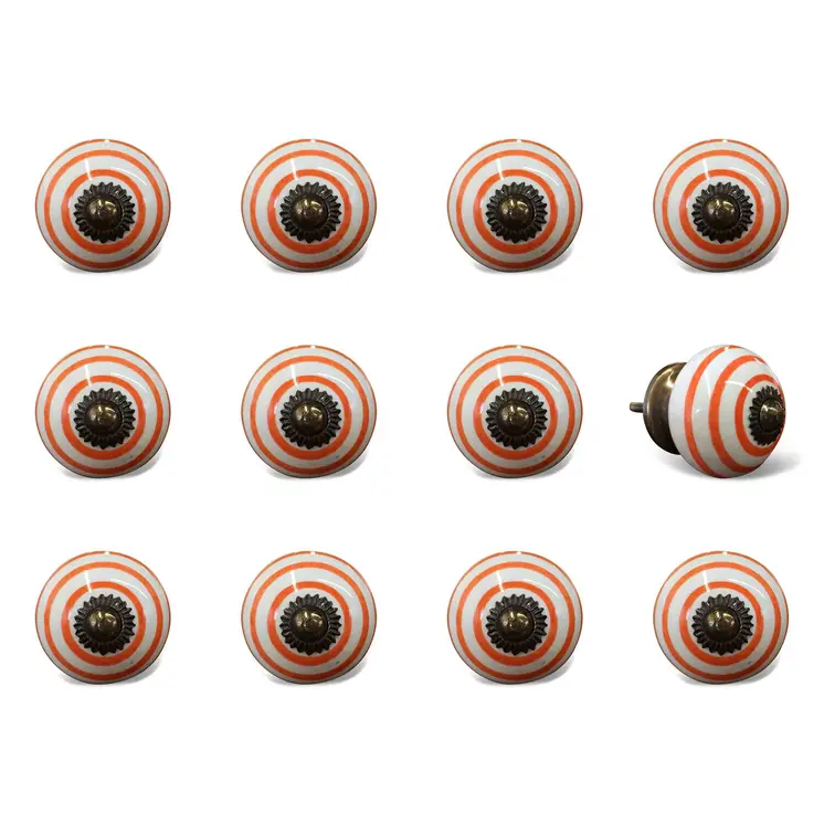 Set of Twelve Orange And White Geometric Ceramic Drawer Pull Knobs