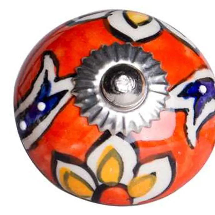 Set of Eight Orange And White Floral Ceramic Drawer Pull Knobs