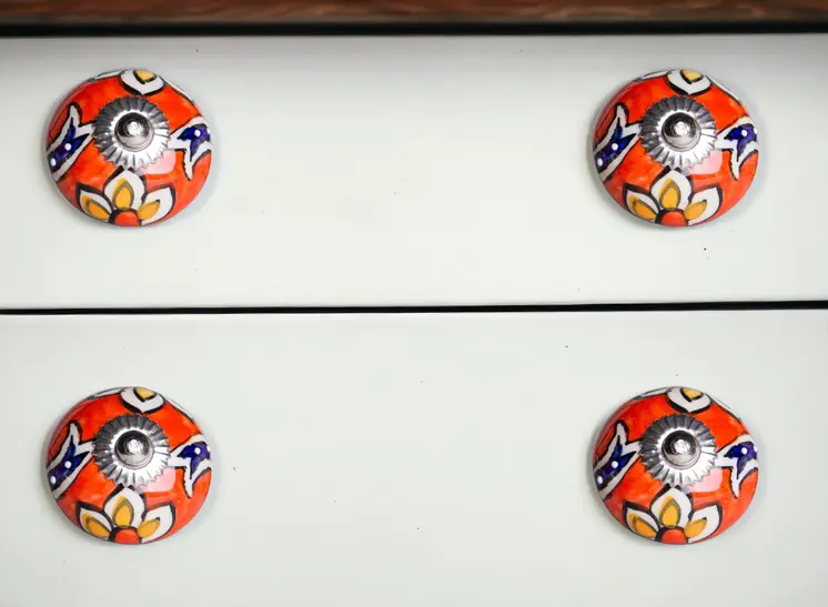 Set of Eight Orange And White Floral Ceramic Drawer Pull Knobs