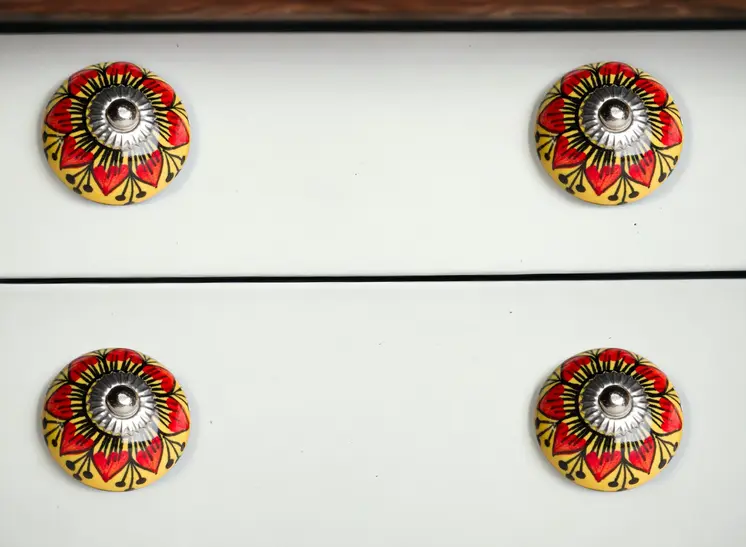 Set of Eight Yellow And Black Floral Ceramic Drawer Pull Knobs