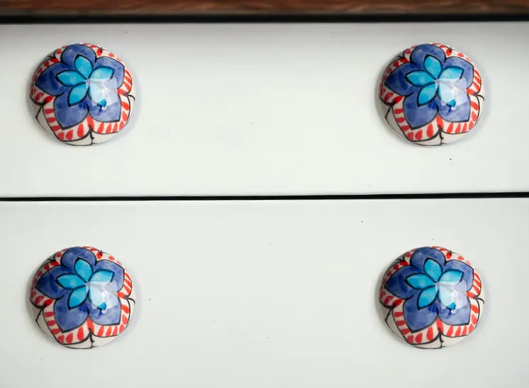Set of Eight Blue And White Floral Ceramic Drawer Pull Knobs