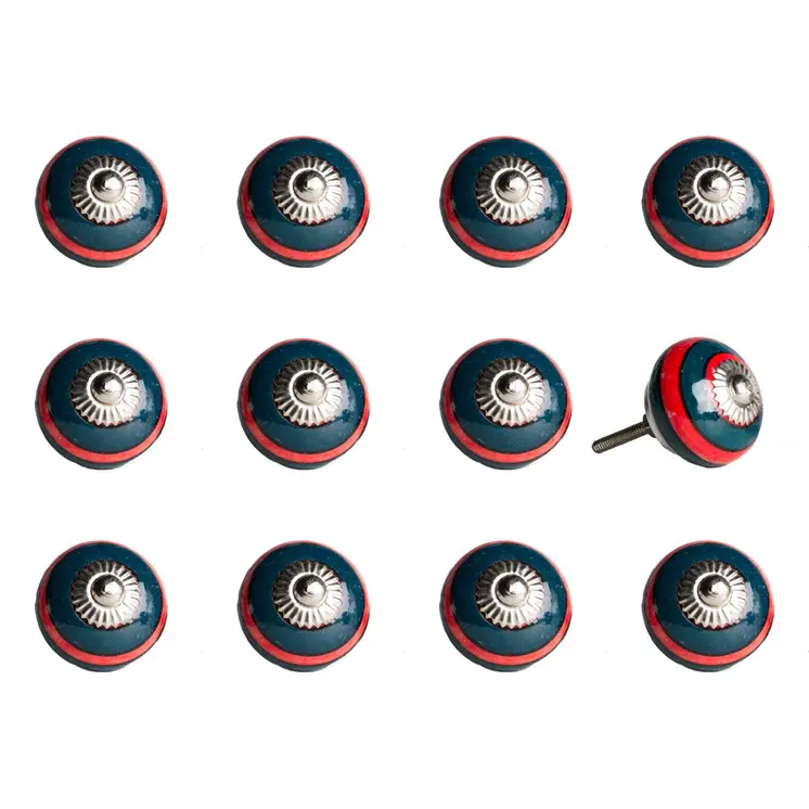 Set of Twelve Navy Blue And Red Geometric Ceramic Drawer Pull Knobs